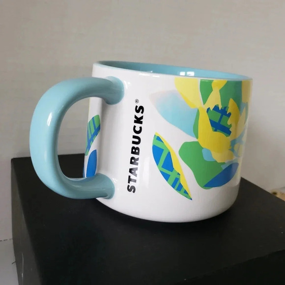 Starbucks 14oz  Large/Chunky Teal/Yellow/White Springtime Citrus Inspired Mug. - Picture 2 of 7
